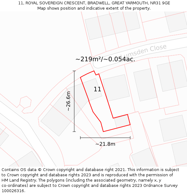 11, ROYAL SOVEREIGN CRESCENT, BRADWELL, GREAT YARMOUTH, NR31 9GE: Plot and title map