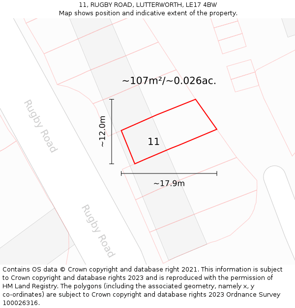 11, RUGBY ROAD, LUTTERWORTH, LE17 4BW: Plot and title map
