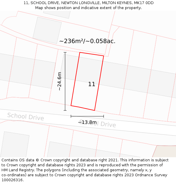 11, SCHOOL DRIVE, NEWTON LONGVILLE, MILTON KEYNES, MK17 0DD: Plot and title map