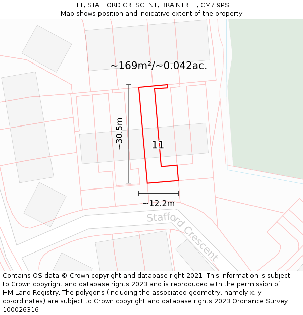 11, STAFFORD CRESCENT, BRAINTREE, CM7 9PS: Plot and title map
