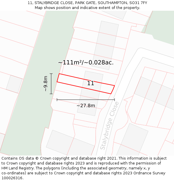 11, STALYBRIDGE CLOSE, PARK GATE, SOUTHAMPTON, SO31 7FY: Plot and title map