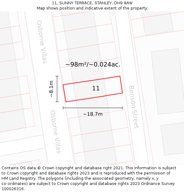 11, SUNNY TERRACE, STANLEY, DH9 8AW: Plot and title map