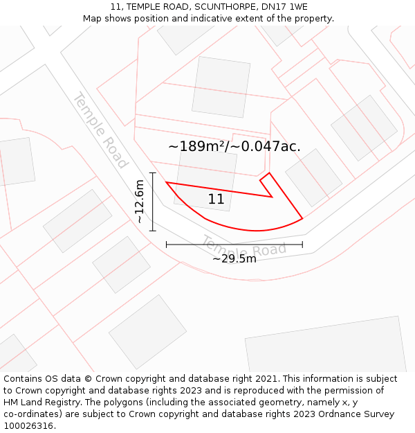 11, TEMPLE ROAD, SCUNTHORPE, DN17 1WE: Plot and title map