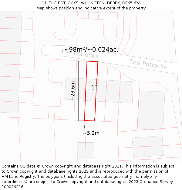 11, THE POTLOCKS, WILLINGTON, DERBY, DE65 6YA: Plot and title map