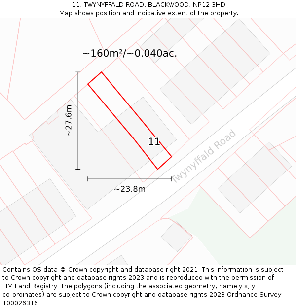 11, TWYNYFFALD ROAD, BLACKWOOD, NP12 3HD: Plot and title map