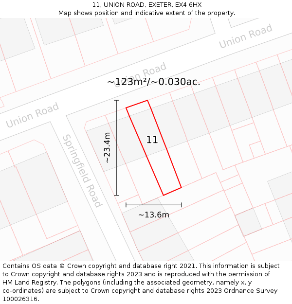 11, UNION ROAD, EXETER, EX4 6HX: Plot and title map