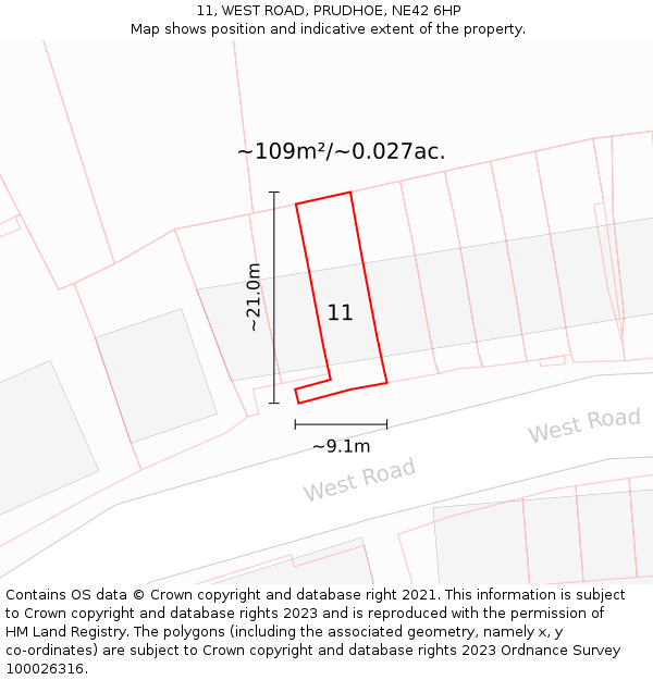 11, WEST ROAD, PRUDHOE, NE42 6HP: Plot and title map