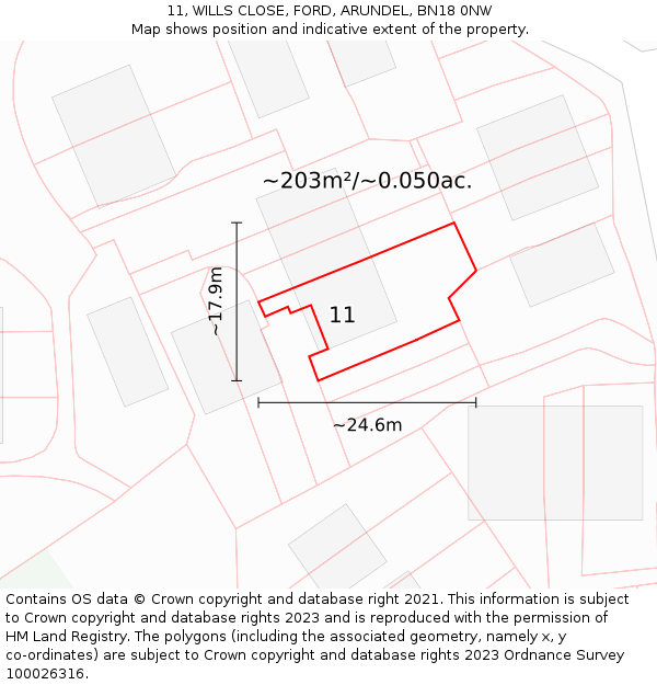 11, WILLS CLOSE, FORD, ARUNDEL, BN18 0NW: Plot and title map