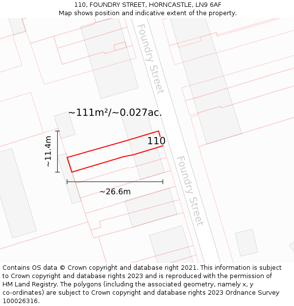 110, FOUNDRY STREET, HORNCASTLE, LN9 6AF: Plot and title map