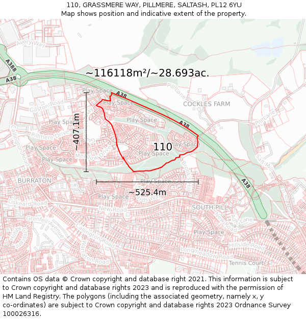 110, GRASSMERE WAY, PILLMERE, SALTASH, PL12 6YU: Plot and title map
