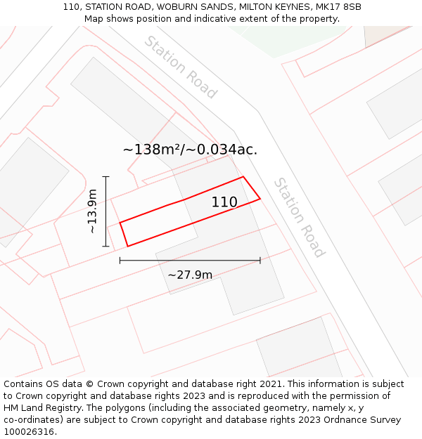 110, STATION ROAD, WOBURN SANDS, MILTON KEYNES, MK17 8SB: Plot and title map