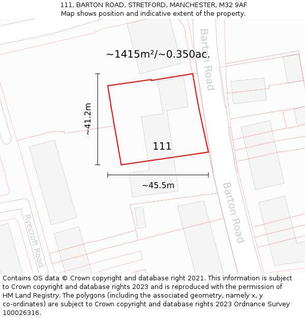111, BARTON ROAD, STRETFORD, MANCHESTER, M32 9AF: Plot and title map