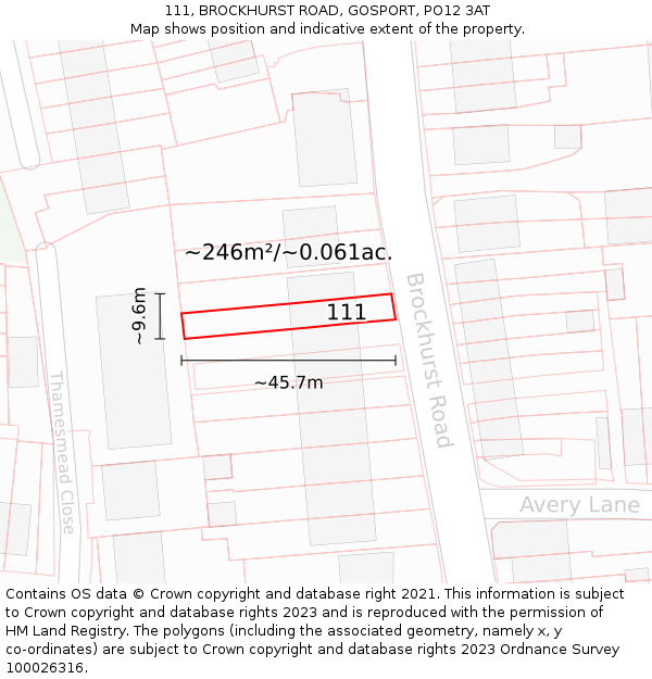 111, BROCKHURST ROAD, GOSPORT, PO12 3AT: Plot and title map