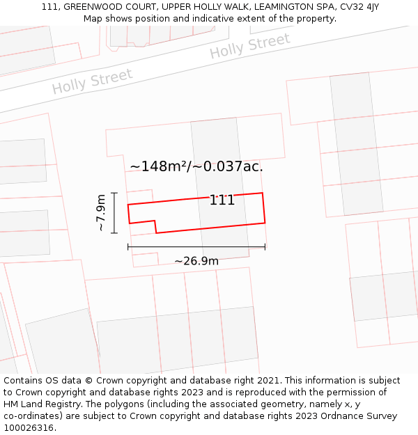 111, GREENWOOD COURT, UPPER HOLLY WALK, LEAMINGTON SPA, CV32 4JY: Plot and title map