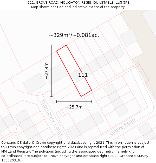 111, GROVE ROAD, HOUGHTON REGIS, DUNSTABLE, LU5 5PE: Plot and title map