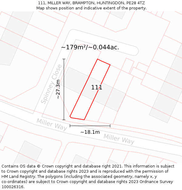 111, MILLER WAY, BRAMPTON, HUNTINGDON, PE28 4TZ: Plot and title map