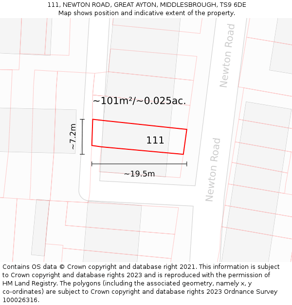 111, NEWTON ROAD, GREAT AYTON, MIDDLESBROUGH, TS9 6DE: Plot and title map