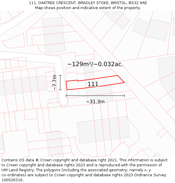 111, OAKTREE CRESCENT, BRADLEY STOKE, BRISTOL, BS32 9AE: Plot and title map