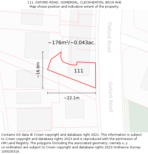 111, OXFORD ROAD, GOMERSAL, CLECKHEATON, BD19 4HE: Plot and title map