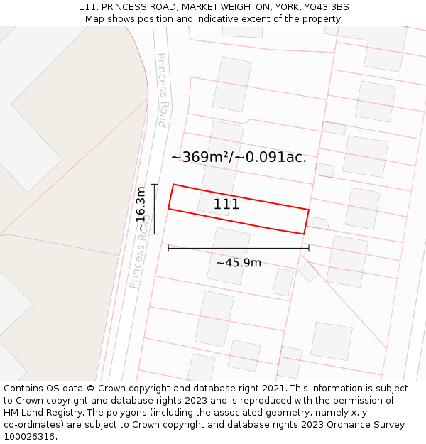 111, PRINCESS ROAD, MARKET WEIGHTON, YORK, YO43 3BS: Plot and title map