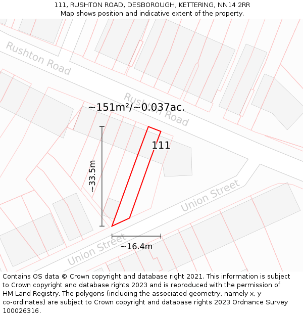 111, RUSHTON ROAD, DESBOROUGH, KETTERING, NN14 2RR: Plot and title map