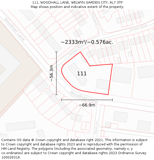 111, WOODHALL LANE, WELWYN GARDEN CITY, AL7 3TP: Plot and title map