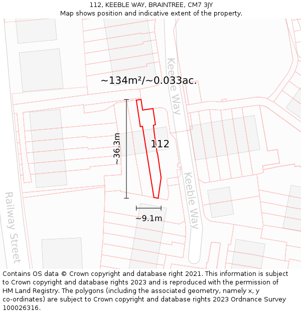 112, KEEBLE WAY, BRAINTREE, CM7 3JY: Plot and title map