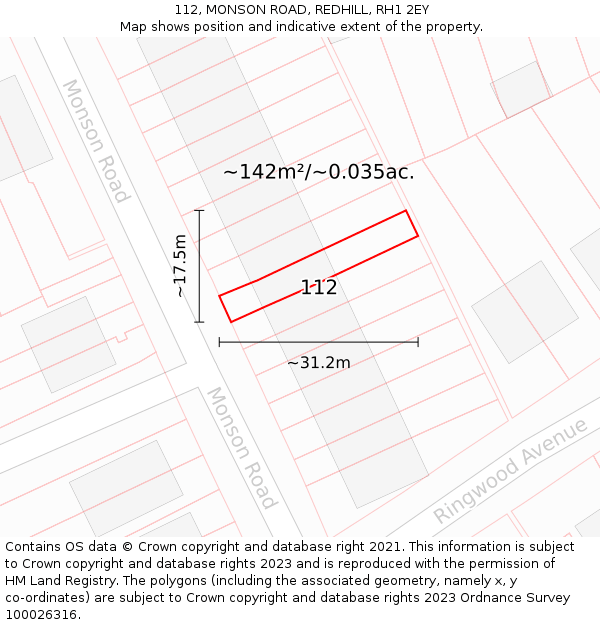112, MONSON ROAD, REDHILL, RH1 2EY: Plot and title map