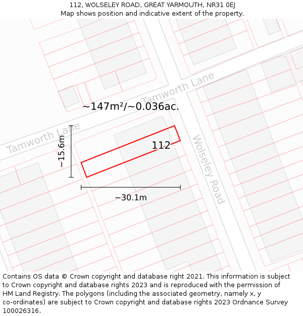 112, WOLSELEY ROAD, GREAT YARMOUTH, NR31 0EJ: Plot and title map