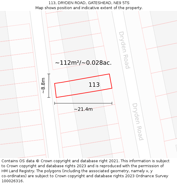 113, DRYDEN ROAD, GATESHEAD, NE9 5TS: Plot and title map