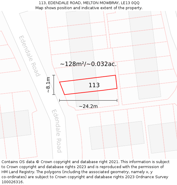 113, EDENDALE ROAD, MELTON MOWBRAY, LE13 0QQ: Plot and title map