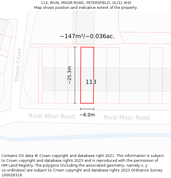 113, RIVAL MOOR ROAD, PETERSFIELD, GU31 4HX: Plot and title map