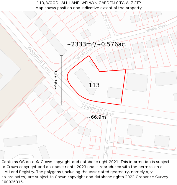 113, WOODHALL LANE, WELWYN GARDEN CITY, AL7 3TP: Plot and title map