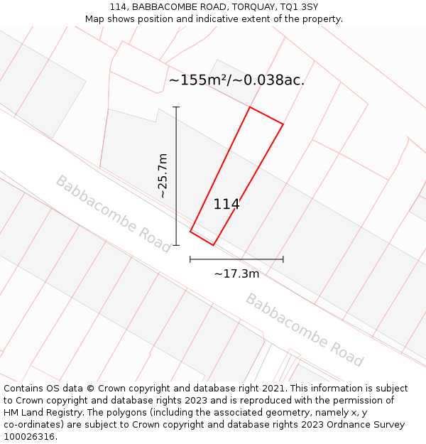 114, BABBACOMBE ROAD, TORQUAY, TQ1 3SY: Plot and title map