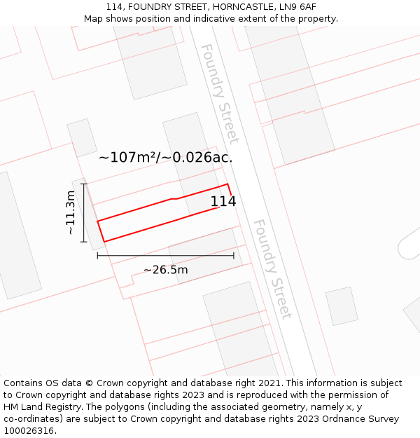 114, FOUNDRY STREET, HORNCASTLE, LN9 6AF: Plot and title map