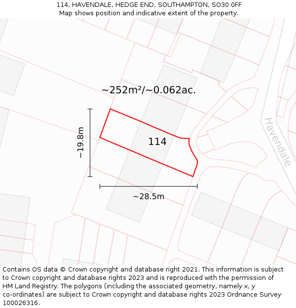 114, HAVENDALE, HEDGE END, SOUTHAMPTON, SO30 0FF: Plot and title map