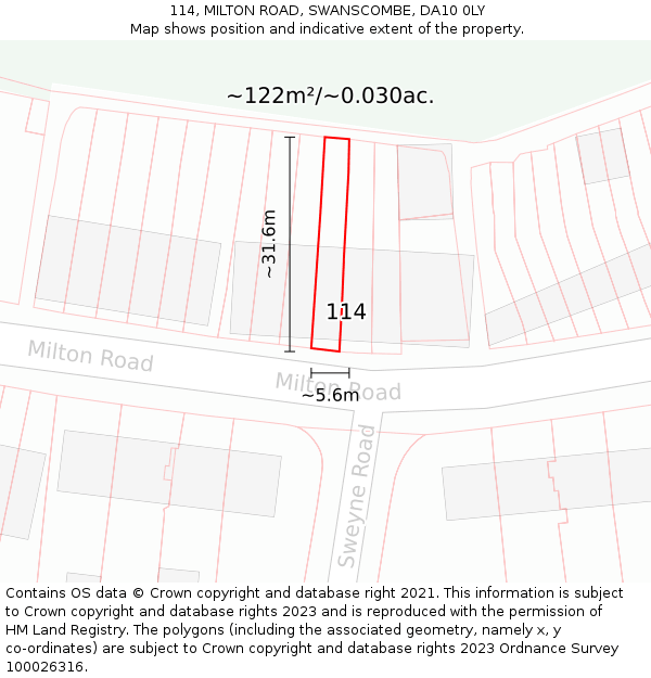 114, MILTON ROAD, SWANSCOMBE, DA10 0LY: Plot and title map