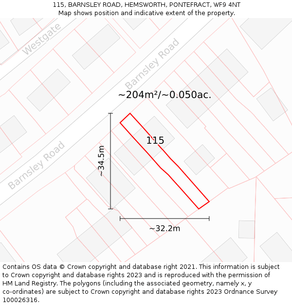 115, BARNSLEY ROAD, HEMSWORTH, PONTEFRACT, WF9 4NT: Plot and title map