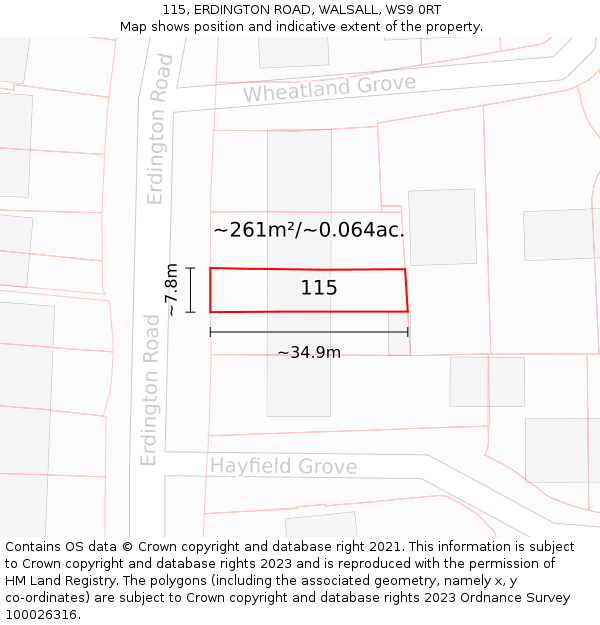 115, ERDINGTON ROAD, WALSALL, WS9 0RT: Plot and title map