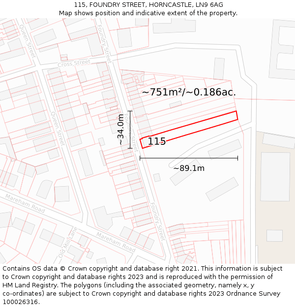 115, FOUNDRY STREET, HORNCASTLE, LN9 6AG: Plot and title map