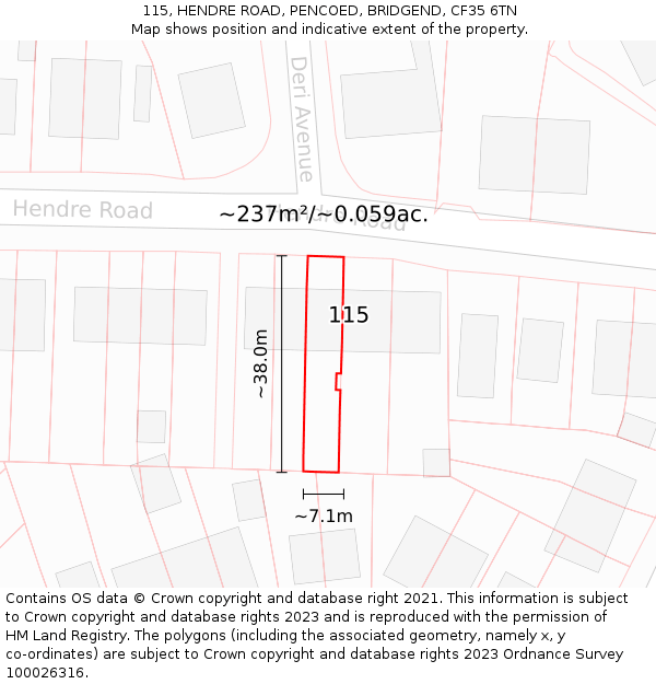 115, HENDRE ROAD, PENCOED, BRIDGEND, CF35 6TN: Plot and title map
