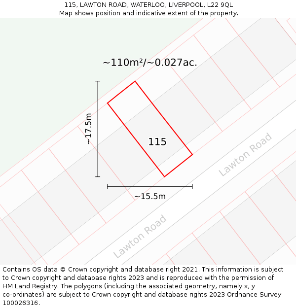 115, LAWTON ROAD, WATERLOO, LIVERPOOL, L22 9QL: Plot and title map