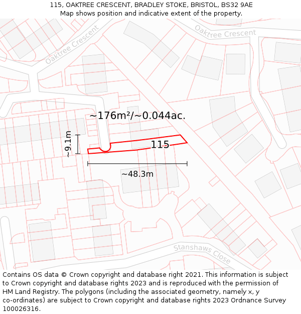 115, OAKTREE CRESCENT, BRADLEY STOKE, BRISTOL, BS32 9AE: Plot and title map