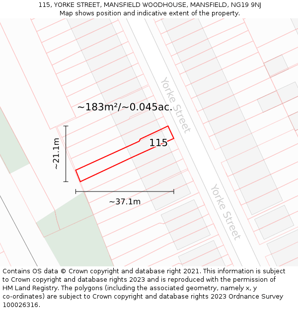 115, YORKE STREET, MANSFIELD WOODHOUSE, MANSFIELD, NG19 9NJ: Plot and title map