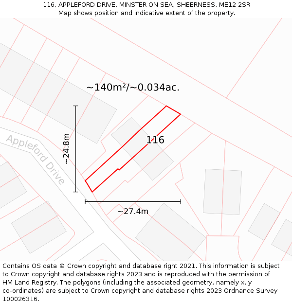 116, APPLEFORD DRIVE, MINSTER ON SEA, SHEERNESS, ME12 2SR: Plot and title map