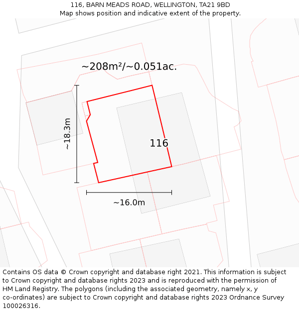 116, BARN MEADS ROAD, WELLINGTON, TA21 9BD: Plot and title map
