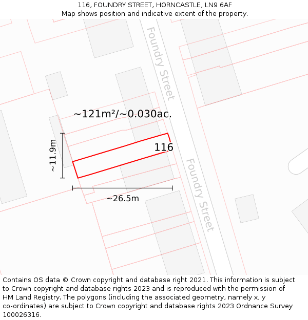 116, FOUNDRY STREET, HORNCASTLE, LN9 6AF: Plot and title map