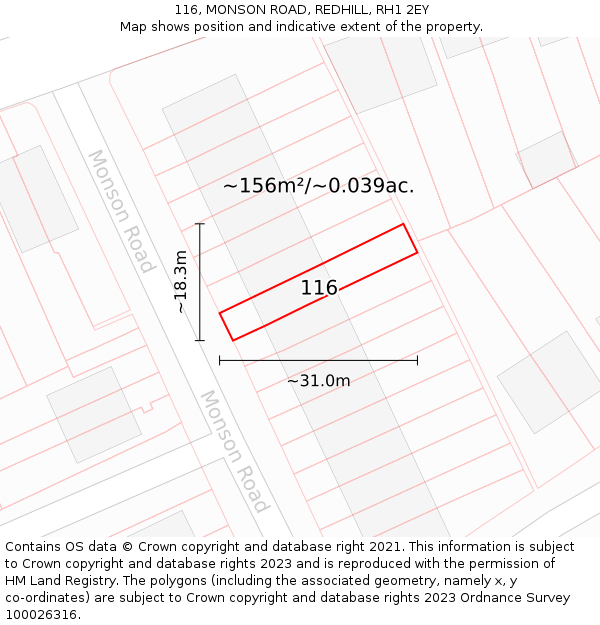 116, MONSON ROAD, REDHILL, RH1 2EY: Plot and title map