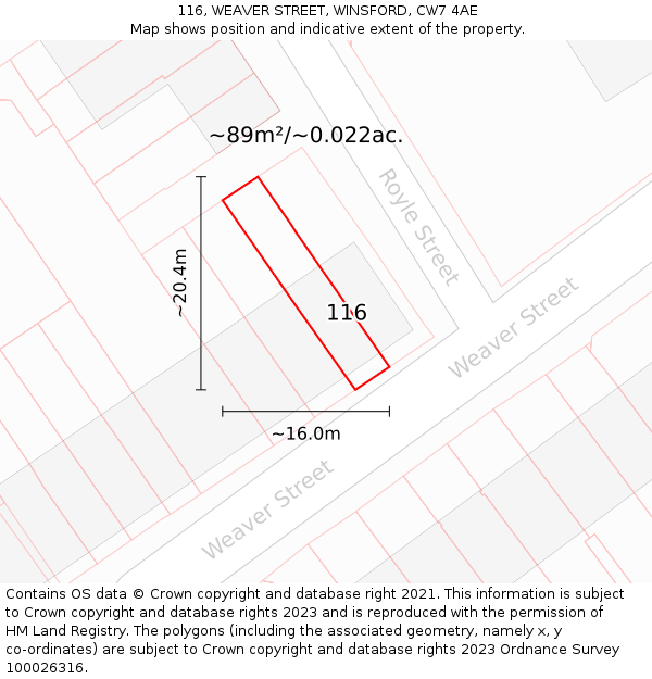 116, WEAVER STREET, WINSFORD, CW7 4AE: Plot and title map