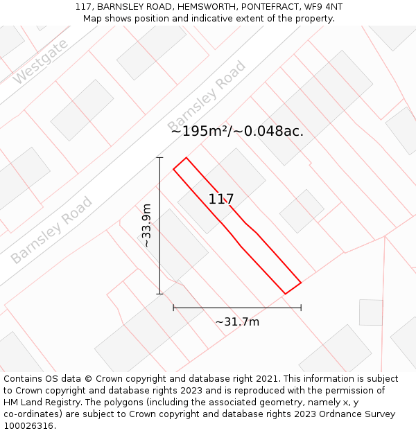 117, BARNSLEY ROAD, HEMSWORTH, PONTEFRACT, WF9 4NT: Plot and title map